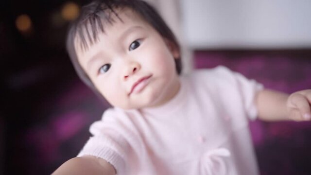 Asian Happy Infant Little Girl Smiling While Looking Walking Toward Camera, Family Warmness, Toddler First Step, Children Learning Skills, Little Girl Learn How To Walk By Herself, Pure Innocence