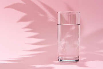 Glass of water and leaf shadow on a pink background