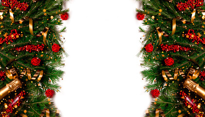 Festive New Year background. Christmas and New Year decorations fir tree and bokeh lights. Top horizontal view copyspace