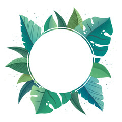 Vector illustration with round frame from trendy green exotic palm and monstera leaves isolated on white background. Tropical design for card, banner, brochure, poster or flyer