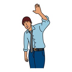 Businessman greeting someone with his hand raised up. Isolated on white background