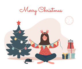 Obraz na płótnie Canvas Smiling islamic woman decorating Christmas tree. New year vintage postcard. The girl unwinds the garland. Preparing home before holiday celebration. Cute vector illustration in flat cartoon style.