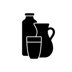 Silhouette Bottle, jug and glass with drink. Outline icon of milk, cream, kefir, yogurt or ryazhenka. Black simple illustration of farm dairy products. Flat isolated vector pictogram, white background