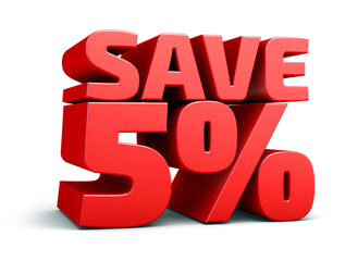 Red text, save 5% isolated on white background discount. 5 percent. Sales concept. 3d illustration.	
