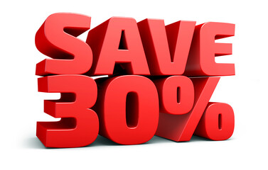 Red text, save 30% isolated on white background discount. 30 percent. Sales concept. 3d illustration.	
