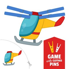 Printable educational game with clothespins. Activity for presсhool years kids and toddlers. Helicopter game template.