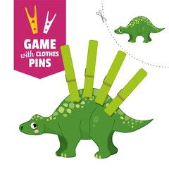 Printable educational game with clothespins. Activity for presсhool years kids and toddlers. Dinosaur
 game template.