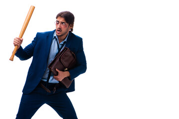 Young male employee holding baseball bat isolated on white
