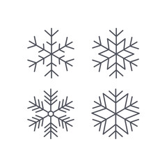 Four snowflake icons. Snowflake logo in simple lines.