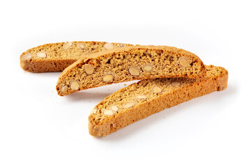 Biscotti. Traditional Italian almond biscuits on a white background