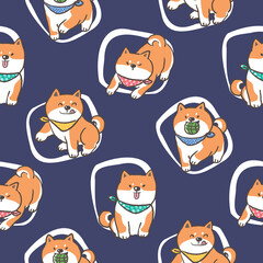 Seamless Pattern with Cute Cartoon Shiba Inu Dog Design on Dark Blue Background