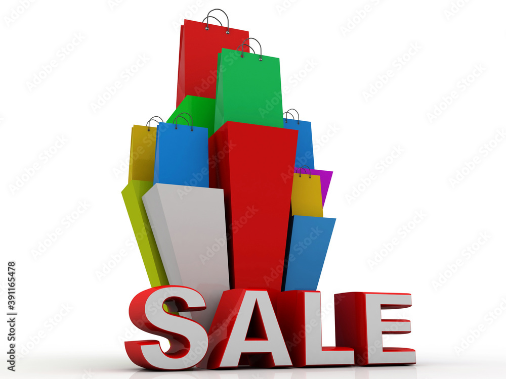 Poster 3d rendering colorful shopping bags with graph