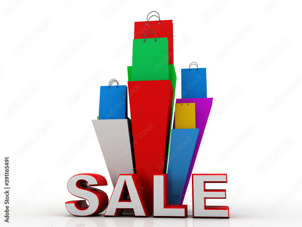 Poster 3d rendering colorful shopping bags with graph