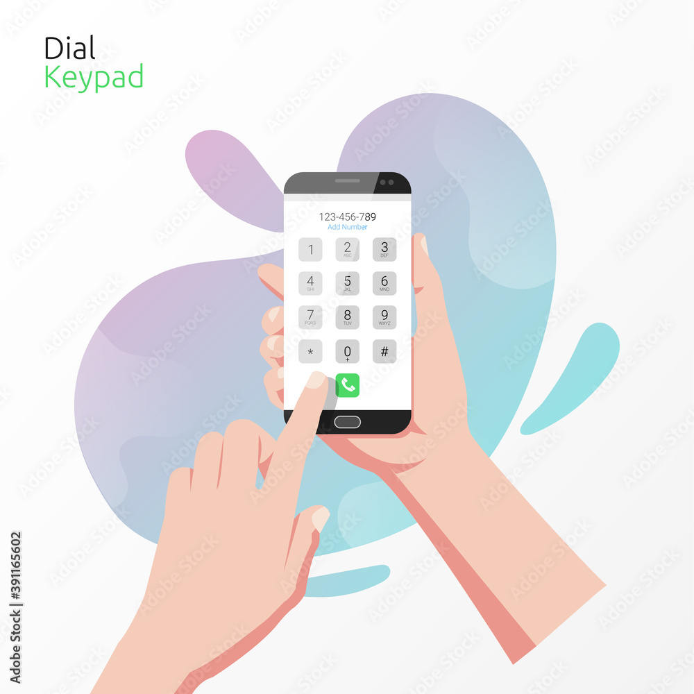 Poster hand holding smartphone with dial keypad app concept. technology for calling with liquid background 
