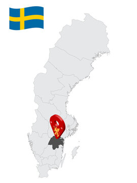 Location Ostergotland County on map Sweden. 3d location sign similar to the flag of Ostergotland County. Quality map  with regions of  Sweden for your design. EPS10.