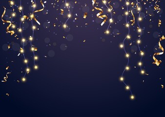 Christmas light with gold confetti on night background