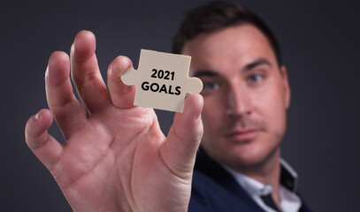 Business, Technology, Internet and network concept. Young businessman shows the word: 2021 goals