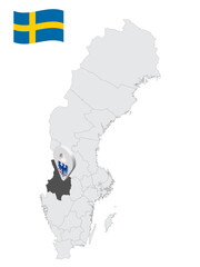 Location Varmland County on map Sweden. 3d location sign similar to the flag of Varmland County. Quality map  with regions of  Sweden for your design. EPS10.