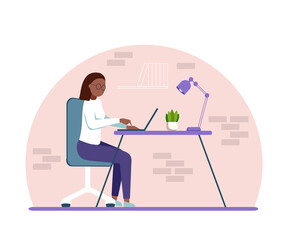 A african-american woman works at the computer at home. Cartoon character, freelancer, student
