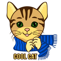 emoji with a cat wearing a scarf on his neck, funny cartoon character with simplistic facial expression, simple hand drawn emoticon, vector illustration