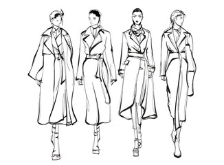 Beautiful young women in modern style.. Hand drawn stylish woman portrait. Fashion lady. Autumn outfit. Sketch set. Fashion model posing in coat. Hand drawn fashion woman.