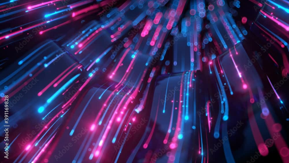 Poster ultraviolet neon light trails on glass. futuristic technologies design. 3d render seamless loop anim