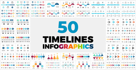 Fototapeta na wymiar 50 Timelines Infographic templates for your presentation. Perfect for any industry from social media or startups to business and marketing.