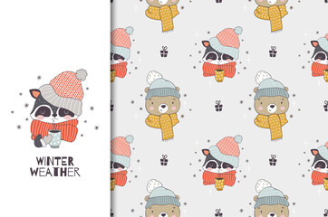 Cartoon animal in winter wear in a knitted hat and scarf. Raccoon and bear characters. Winter card and seamless background pattern. Hand drawn surface design vector illustration.