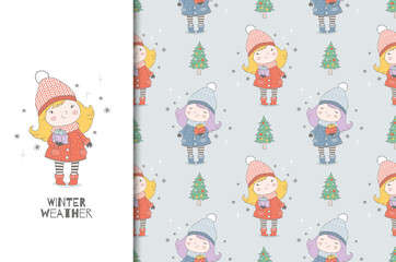 Cartoon little warmly dressed girl with gifts. Christmas card and seamless background pattern. Hand drawn surface design vector illustration.
