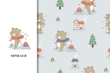 Cartoon teddy bear and sled with a gift. Card and seamless background pattern. Hand drawn surface design vector illustration.