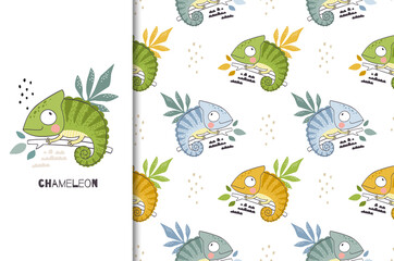 Cute cartoon chameleon character. Jungle animal card and seamless background pattern. Hand drawn surface design vector illustration.