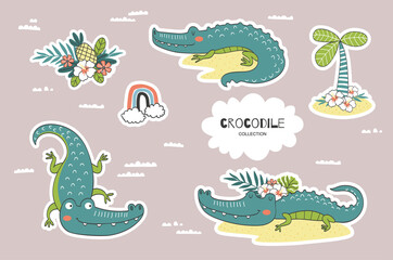 Cartoon crocodile doodles collection. Jungle animals character. Hand drawn icons vector illustration.