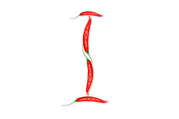 Alphabet letter I made from red hot chili peppers. Letter isolated on white background.