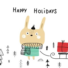 Happy holidays. Cartoon hare, hand drawing lettering, decor elements. holiday theme. Colorful vector illustration, flat style. design for greeting cards, print, poster