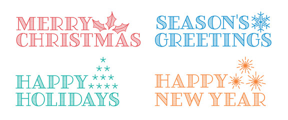 Set of holiday greetings banners. The text says "Merry Christmas", "Season's Greetings", "Happy Holidays", and "Happy New Year".