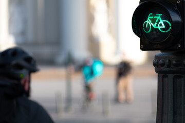 Sustainable transport. Bicycle traffic signal, green light, road bike, free bike zone or area, bike sharing in the city