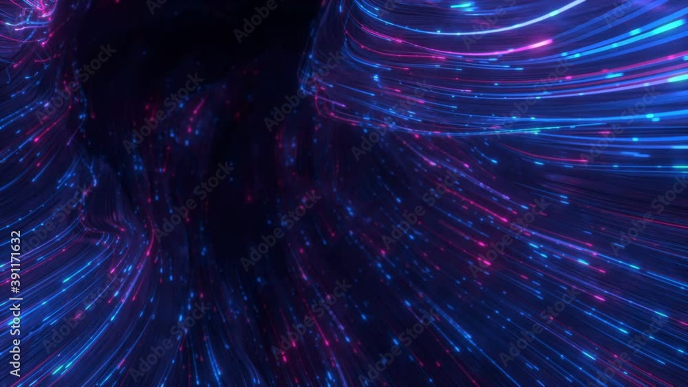 Poster futuristic wormhole tunnel with ultraviolet light trails. sci-fi portal. 3d render seamless loop ani