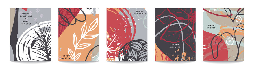 Vector collection of trendy creative Christmas cards with winter floral elements and abstract forms