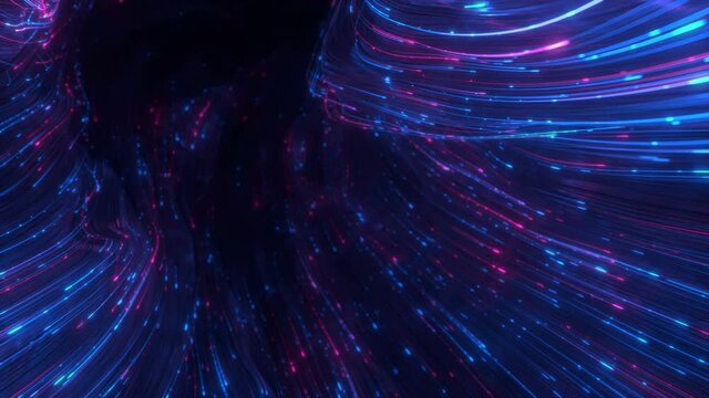 Futuristic wormhole tunnel with ultraviolet light trails. Sci-fi portal. 3D render seamless loop animation