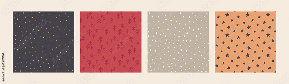 Wall mural set of vector christmas seamless patterns with hand drawn simple elements