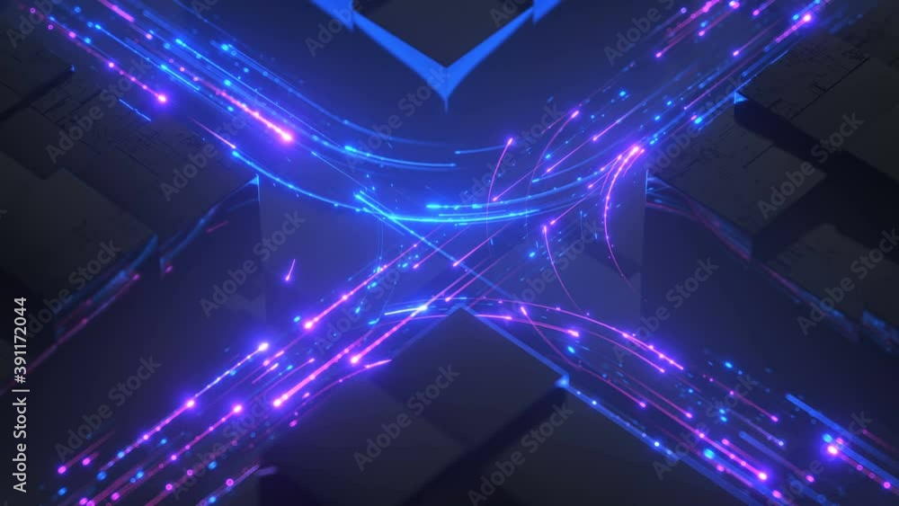 Poster blue and pink neon streams. digital information transferring in cyberspace. seamless loop 3d render 