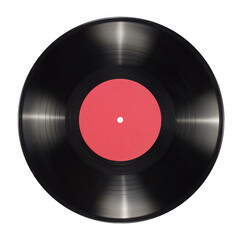 10-inch vinyl record with blank red label isolated.