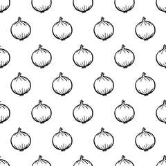 Seamless pattern with hand drawn vegetables elements onion. Vegetarian wallpaper. For design packaging, textile, background, design postcards and posters