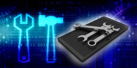 3d illustration wrench and spanner in mobile phone 