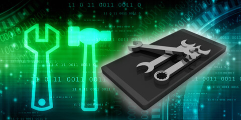3d illustration wrench and spanner in mobile phone 