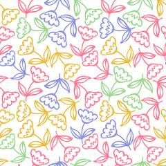 Fototapeta na wymiar Floral seamless pattern. Hand drawn flowers. Vector illustration. Marker doodle sketch. Line art silhouettes. Repeat contour drawing.