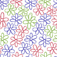 Floral seamless pattern. Hand drawn flowers. Vector illustration. Marker doodle sketch. Line art silhouettes. Repeat contour drawing.