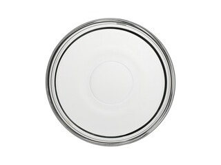 Empty glass plate, gravy bowl. Isolated on a white background close-up, top view