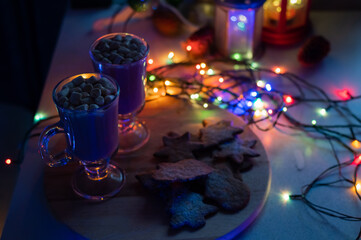 Composition for Christmas night. Cocoa and gingerbread for santa claus