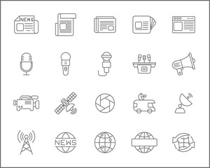 Set of news and journalism line style. It contains such Icons as camera, newspaper, news van, microphone, tv tower, satellite, reporting, media, communication and other elements.